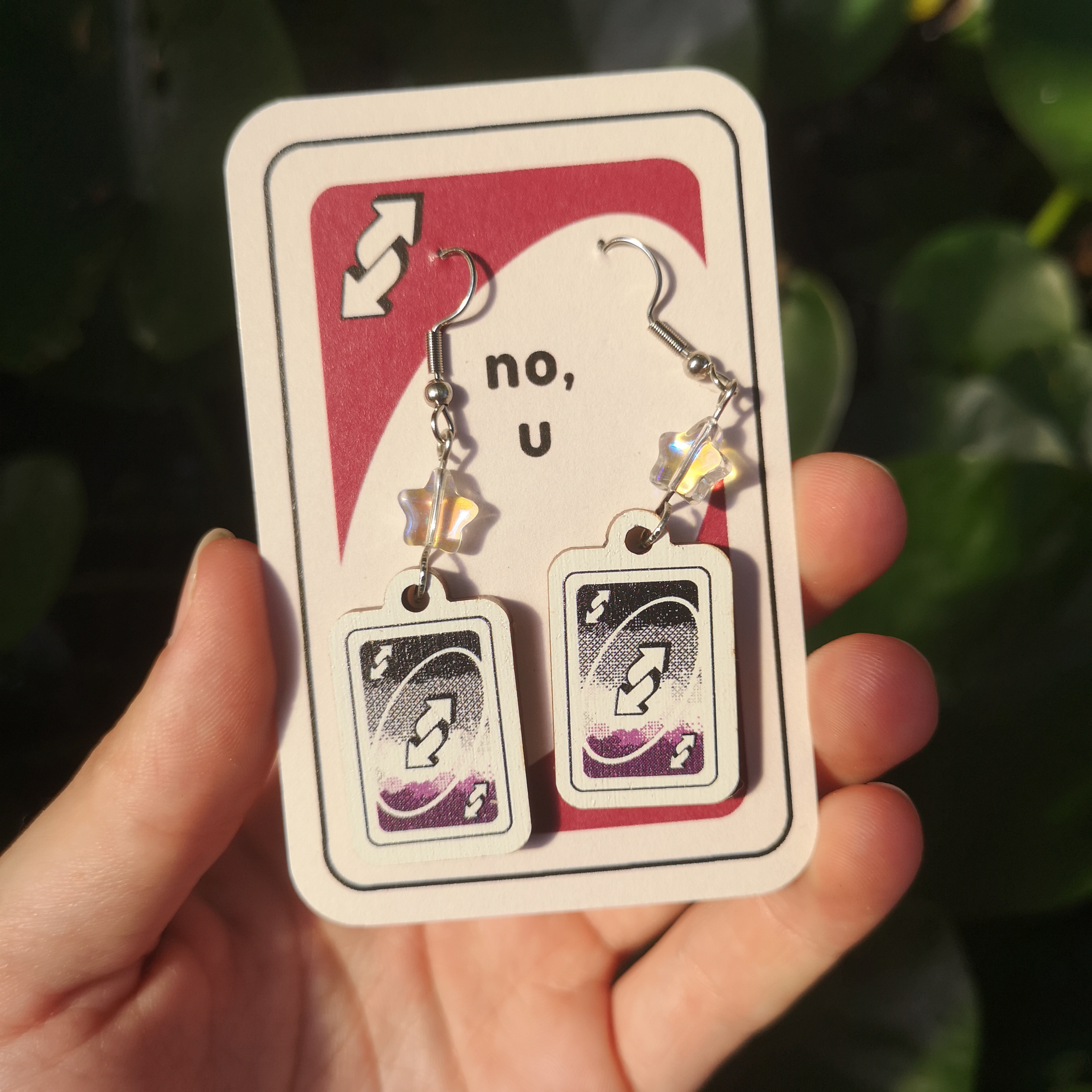 Uno Reverse Card Earrings with the Asexual Flag