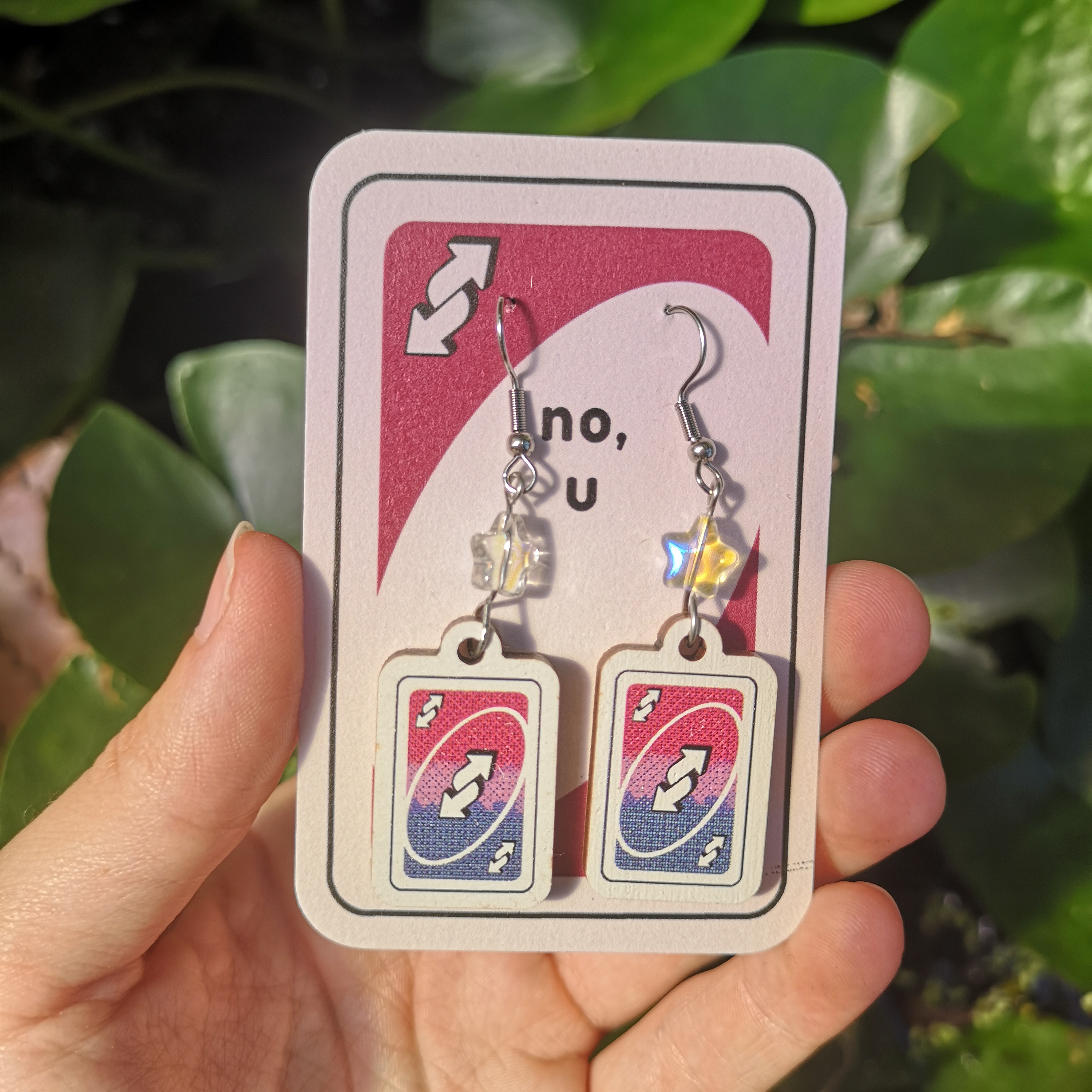 Uno Reverse Card Earrings with the Bisexual Flag