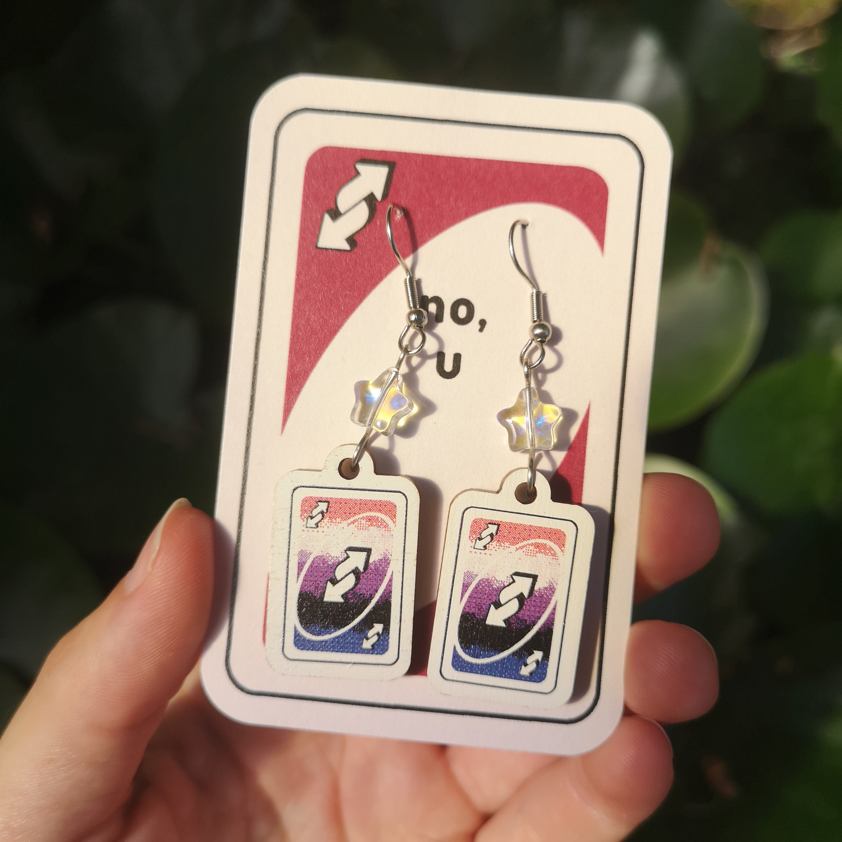 Uno Reverse Card Earrings with the Genderfluid Flag