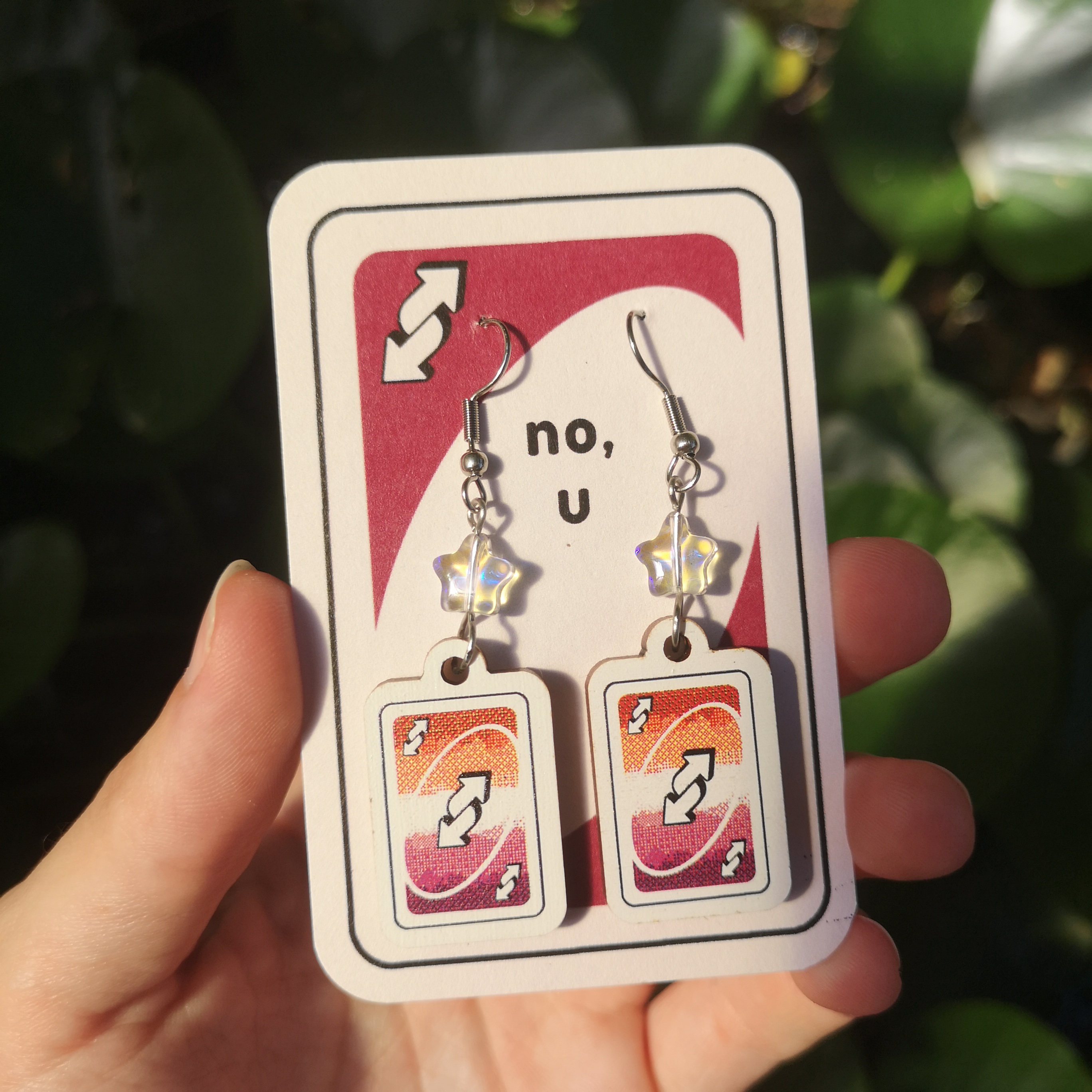 Uno Reverse Card Earrings with the Lesbian Flag