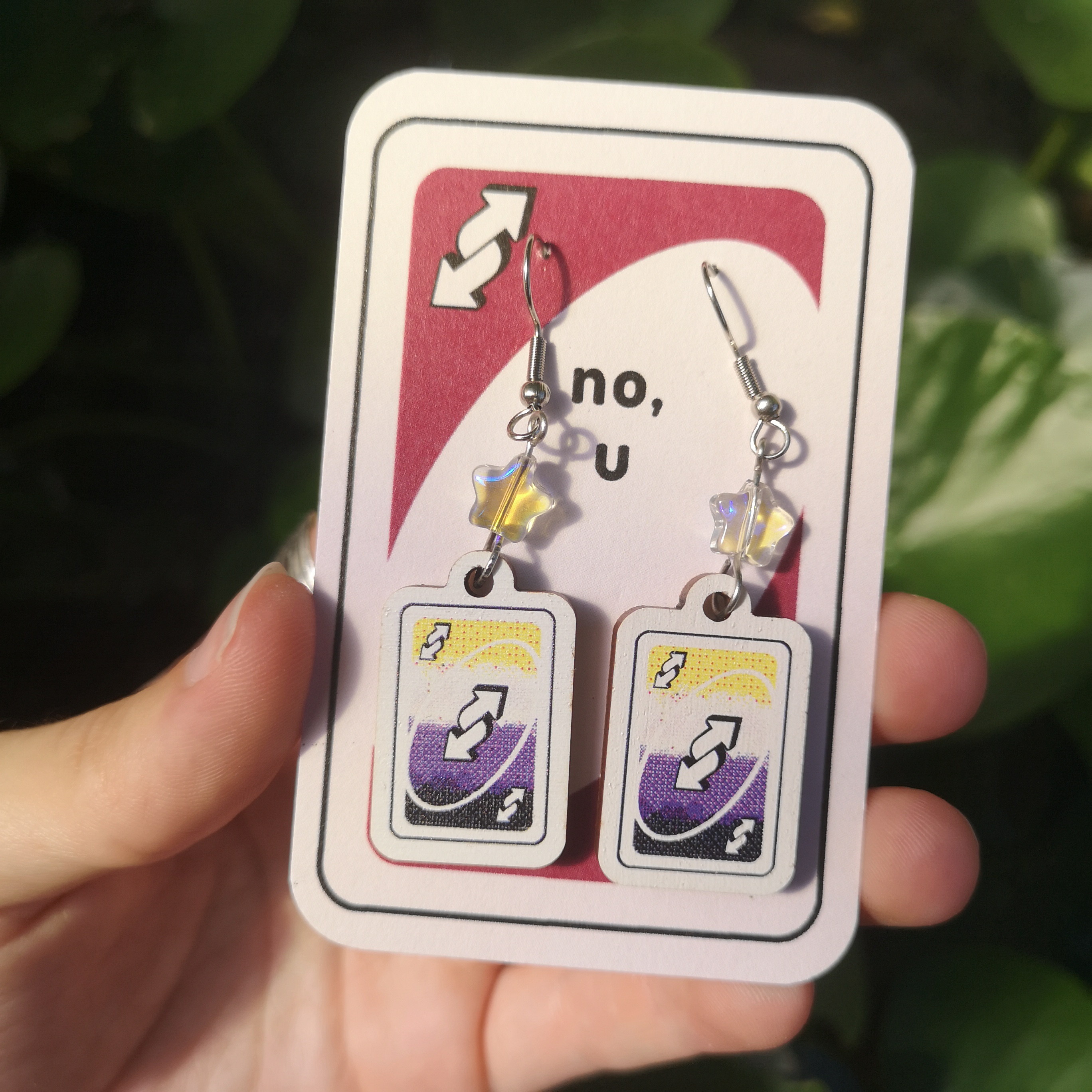 Uno Reverse Card Earrings with the Non-Binary Flag