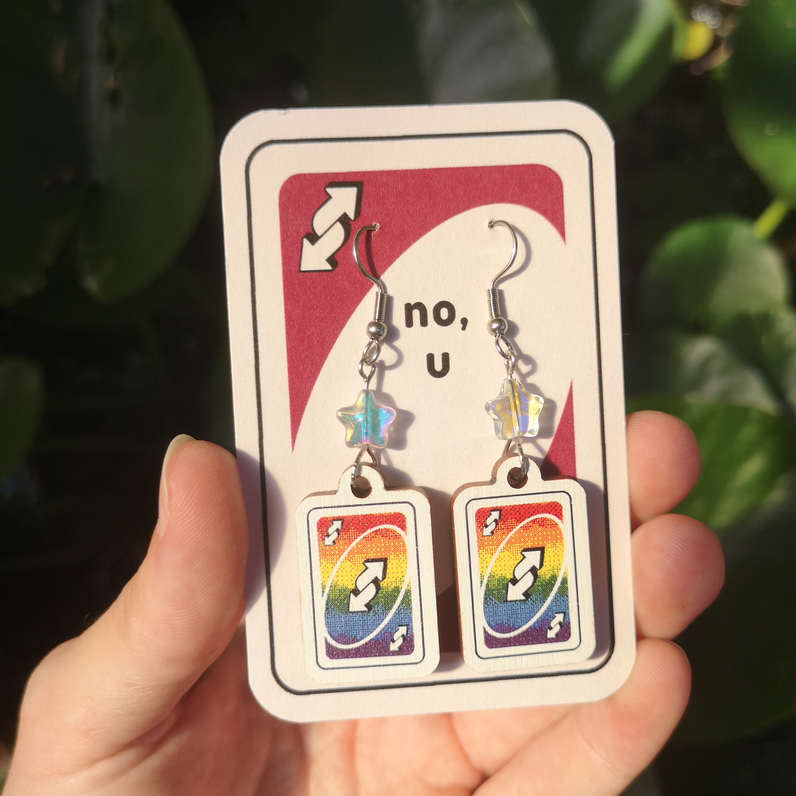 Uno Reverse Card Earrings with the Rainbow Flag