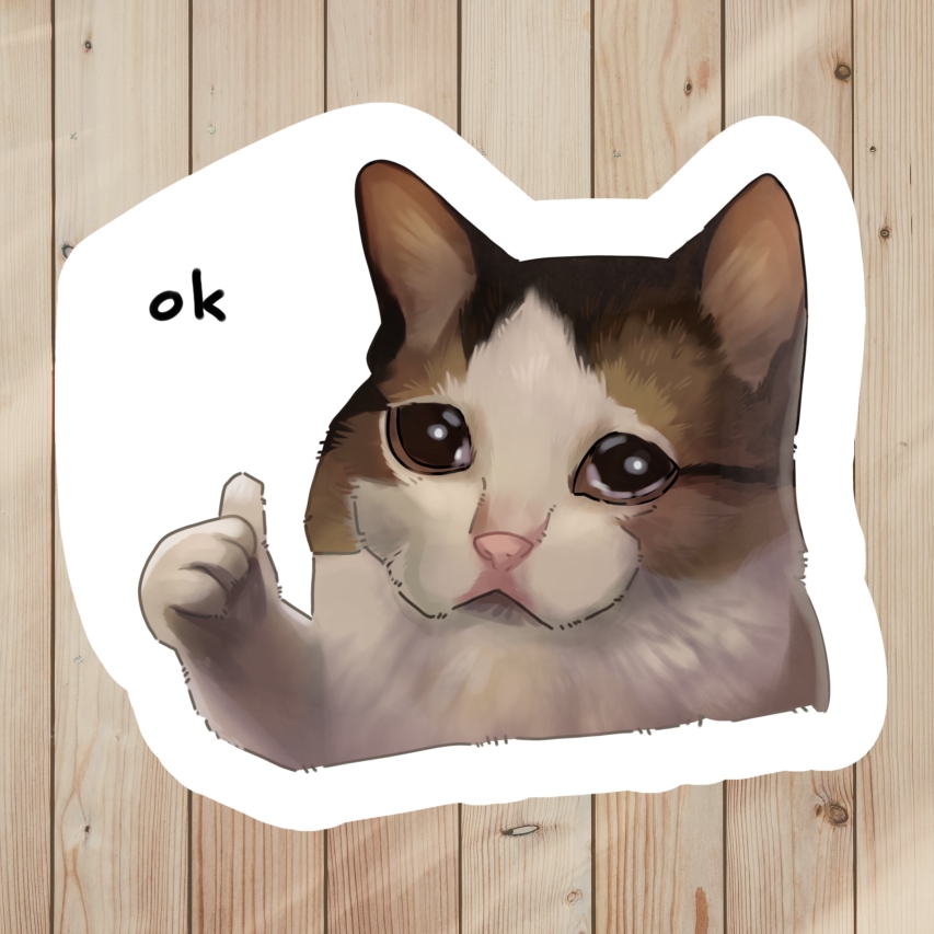 Funny sticker of sad cat giving thumbs up meme, saying ok