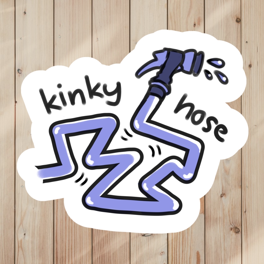 Funny Pun Sticker of a kinky garden hose, saying kinky hose