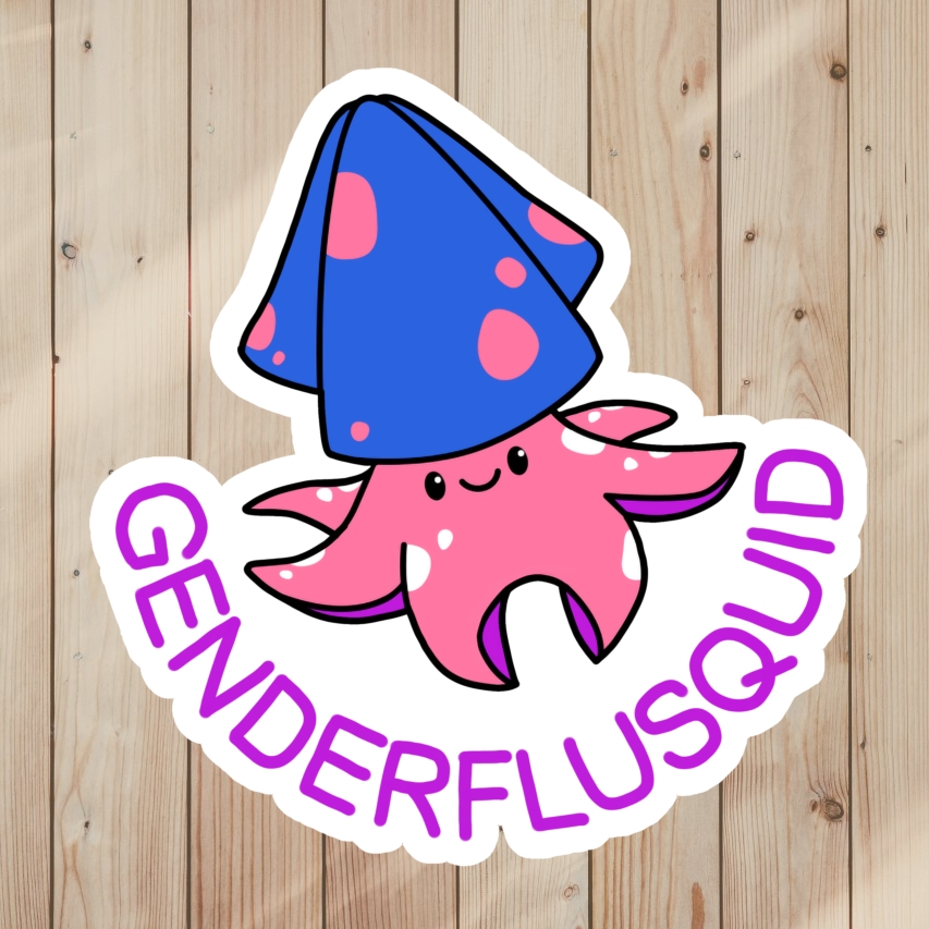 Cute Pride Pun Sticker of a genderfluid squid