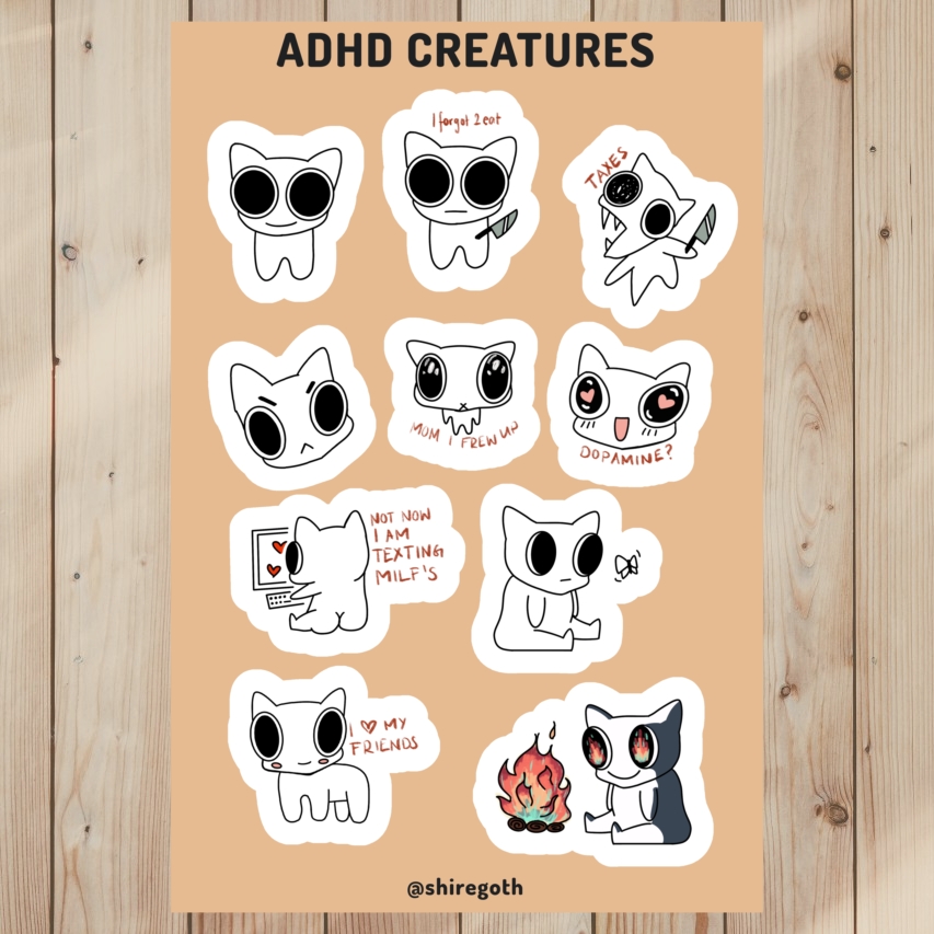 Relatable Sticker sheet of ADHD Creatures