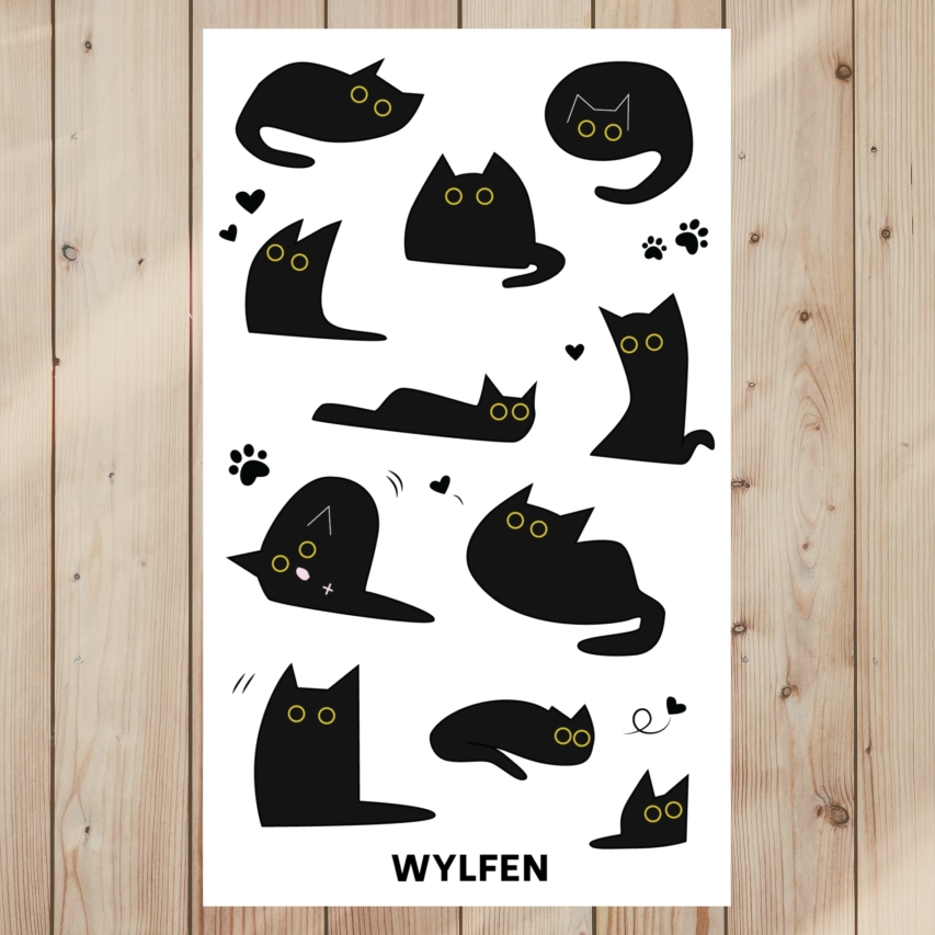Sticker sheet of silly black cats