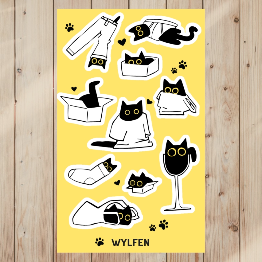 Sticker Sheet of silly black cats